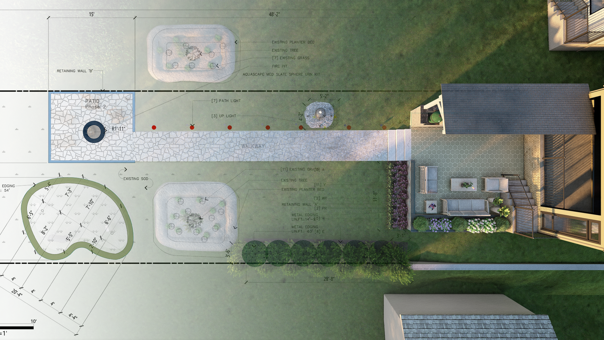 Overhead view of a landscape design featuring walkways, seating areas, and gardens in a grassy setting.