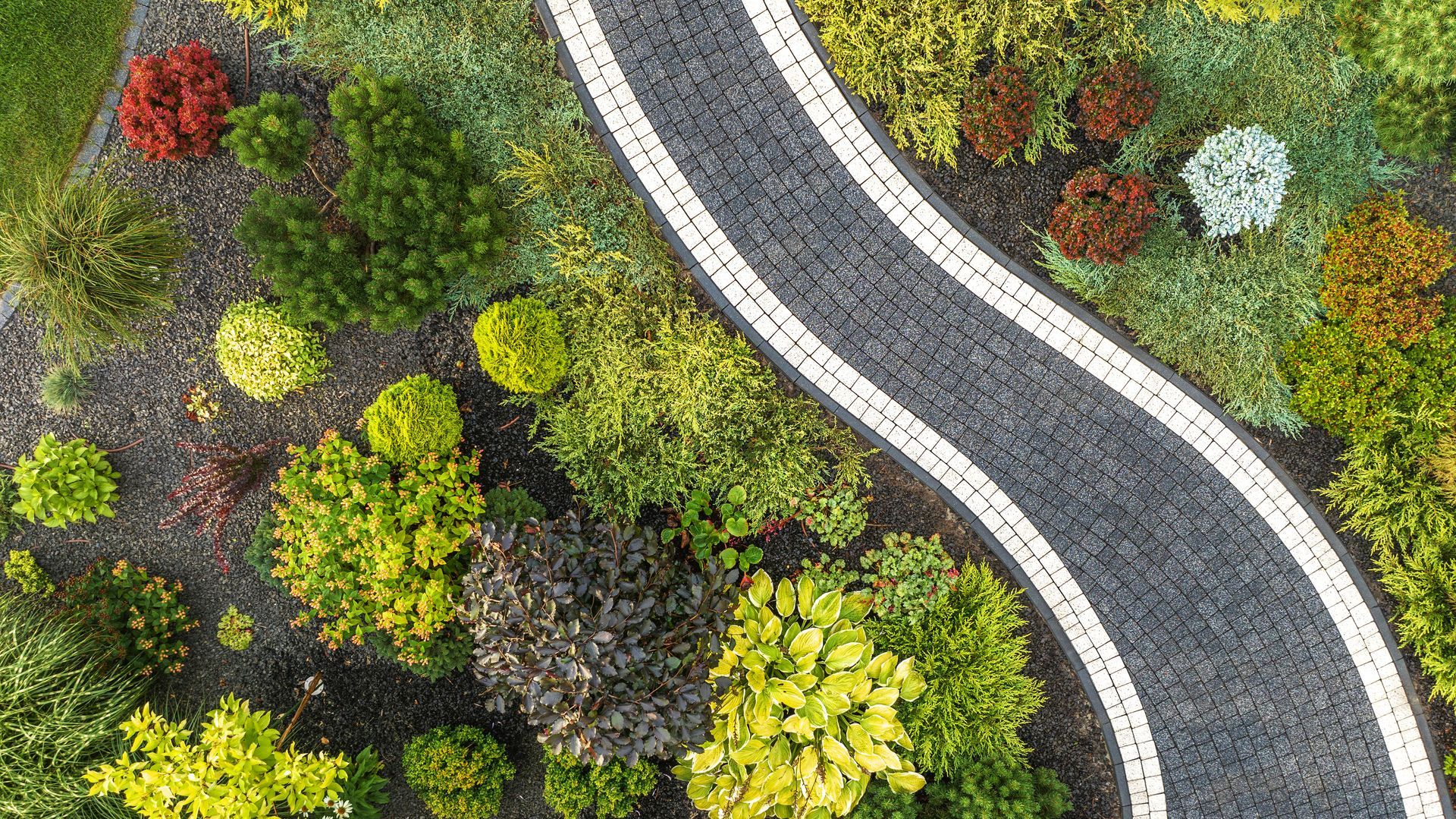 Curving white-edged gravel path through a colorful landscaped garden with green, yellow, red, and purple plants