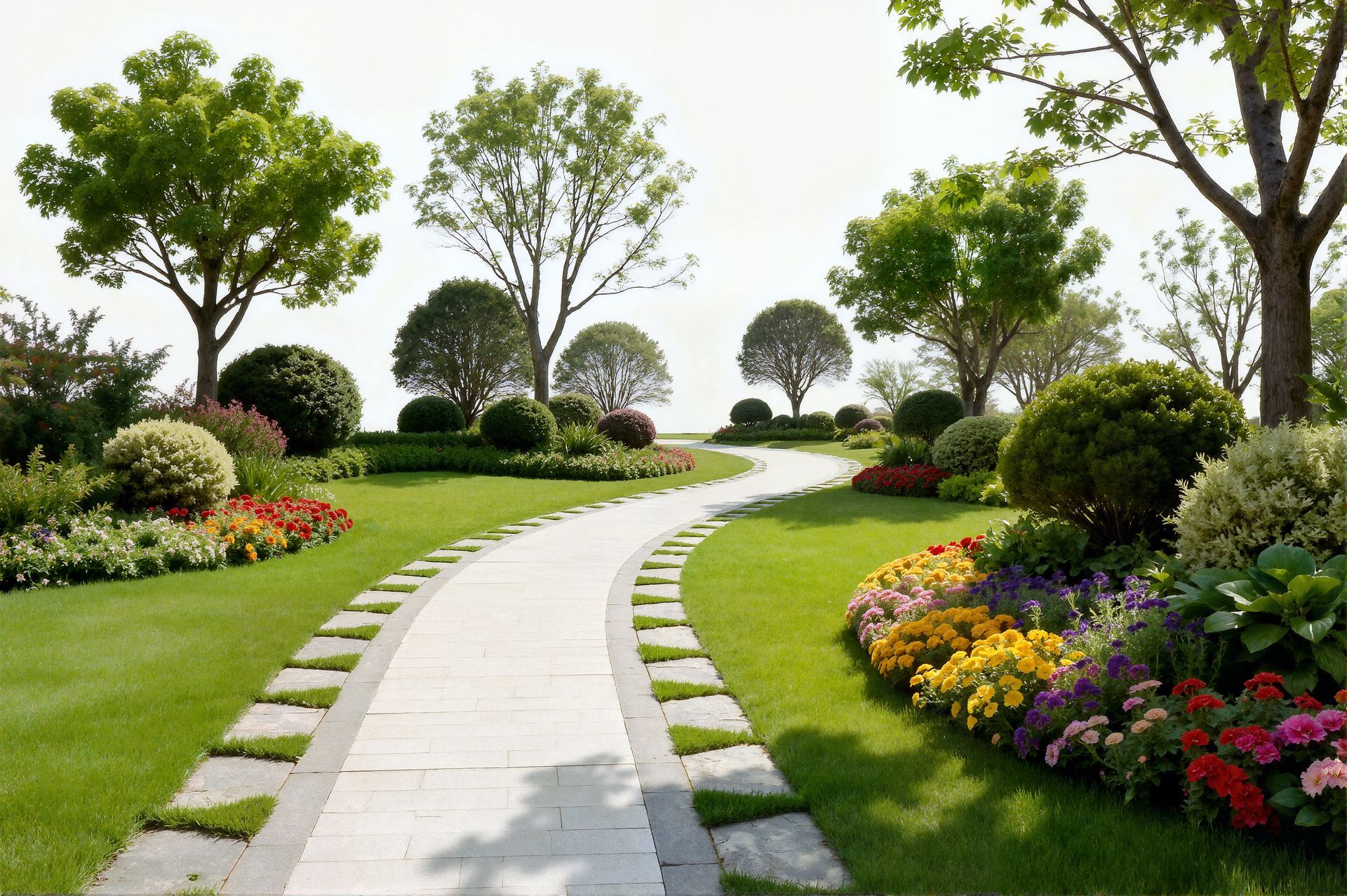 Stone path winds through a green garden with flower beds and trees on a sunny day.