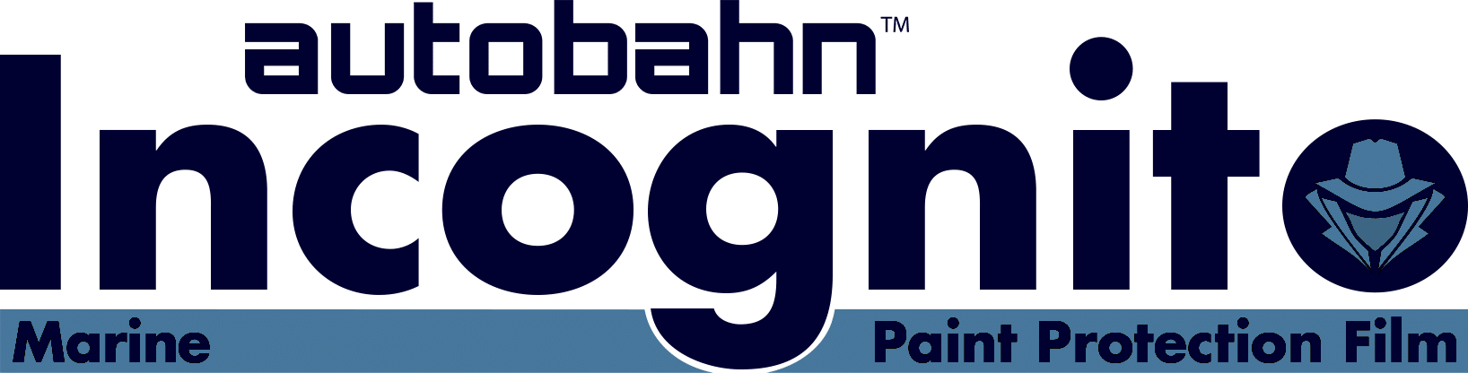 Autobahn Incognito Marine Paint Protection Film logo in navy and white with globe icon