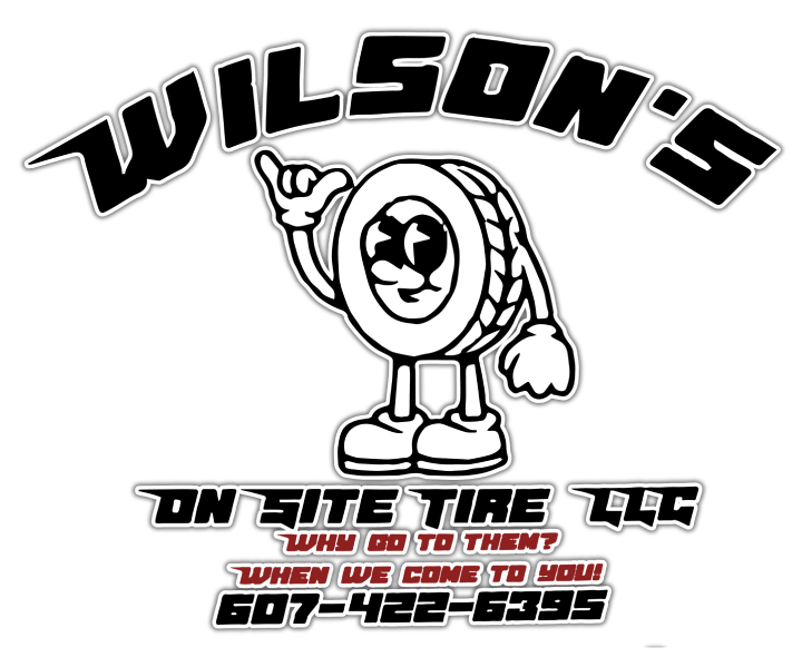 Logo for Wilson&rsquo;s On Site Tire LLC featuring a cartoon tire character and phone number 607-422-6395.