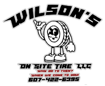 Logo for Wilson&rsquo;s On Site Tire LLC featuring a cartoon tire character and phone number 607-422-6395.