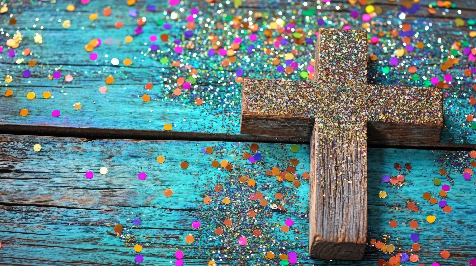 Wooden cross on turquoise planks with colorful confetti scattered around