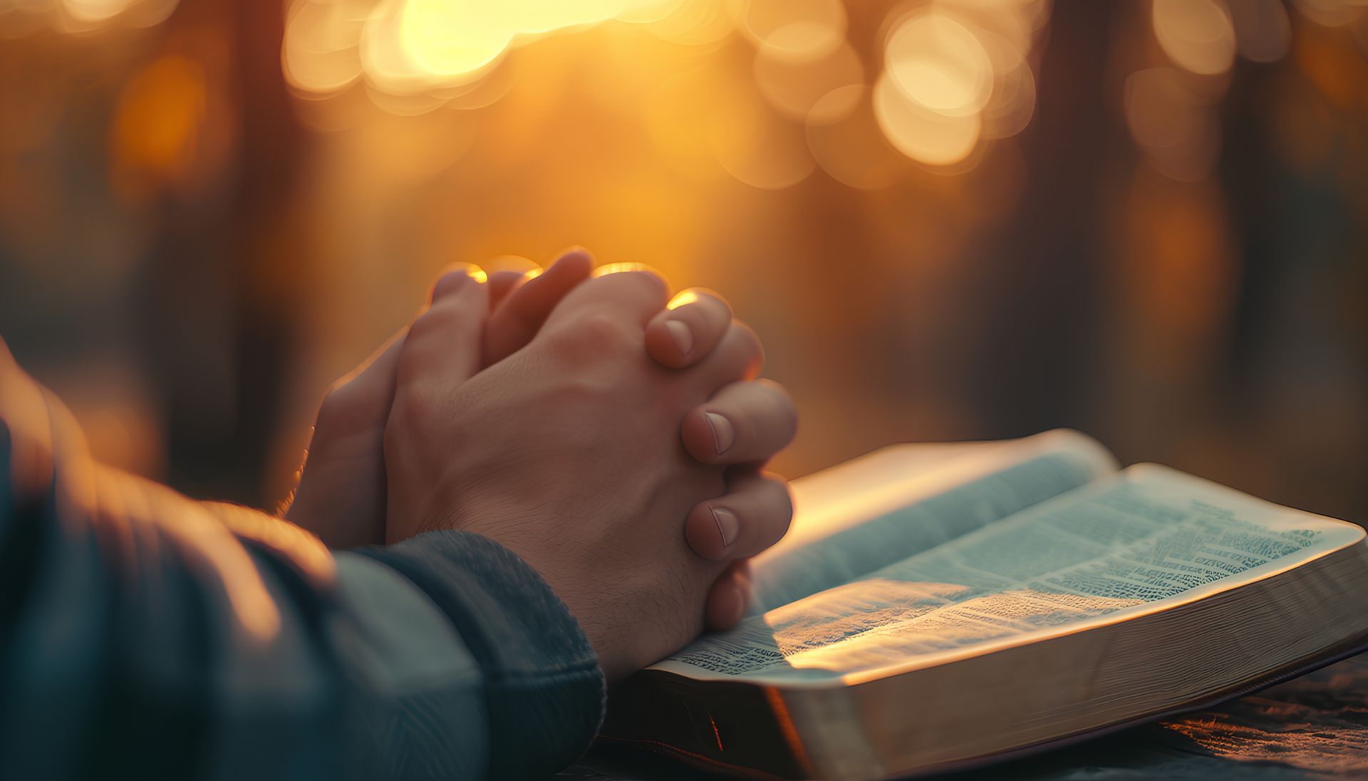 Hands clasped in prayer beside an open Bible at sunset