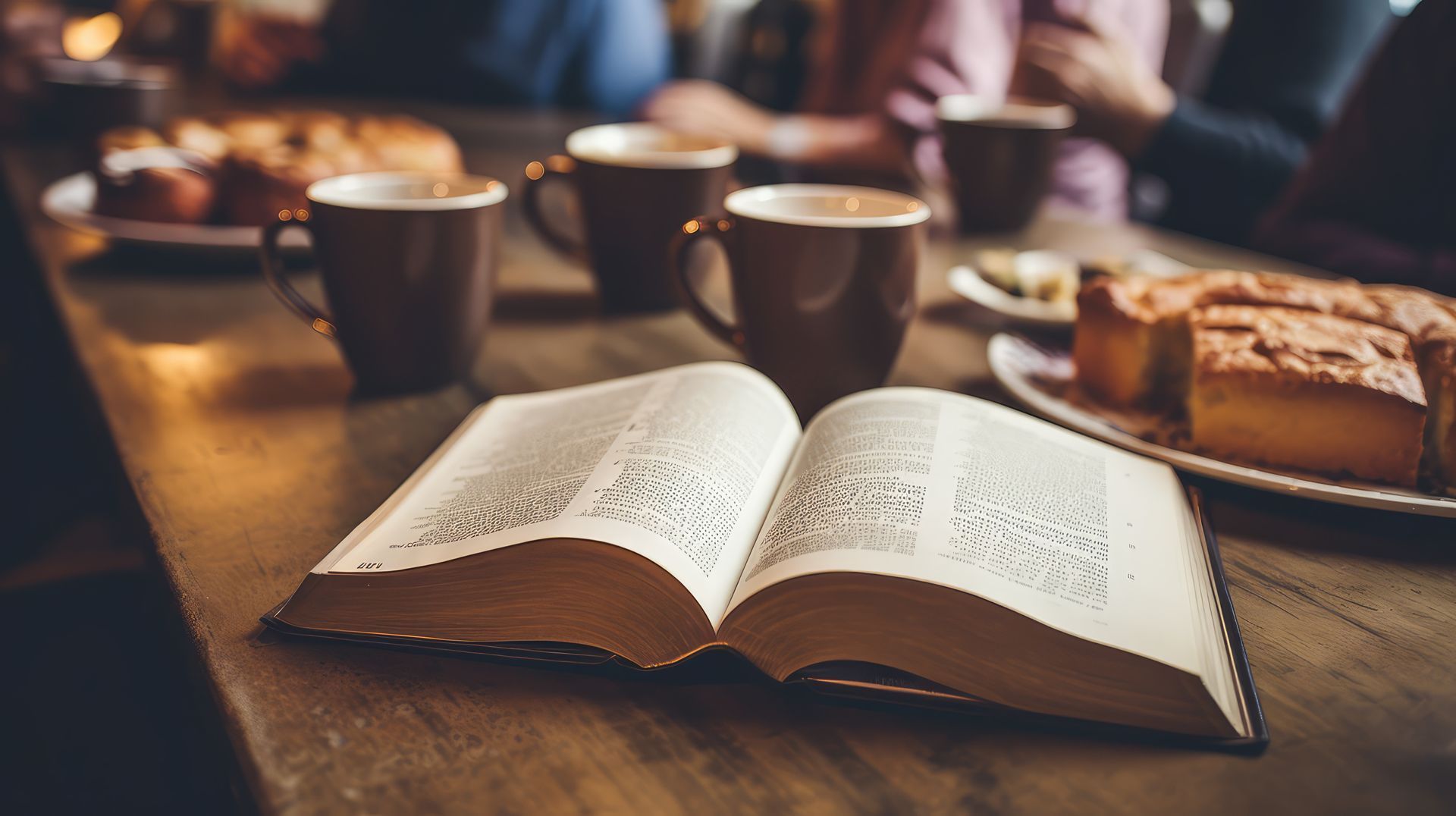 Open book on a café table with coffee cups and pastries in warm light