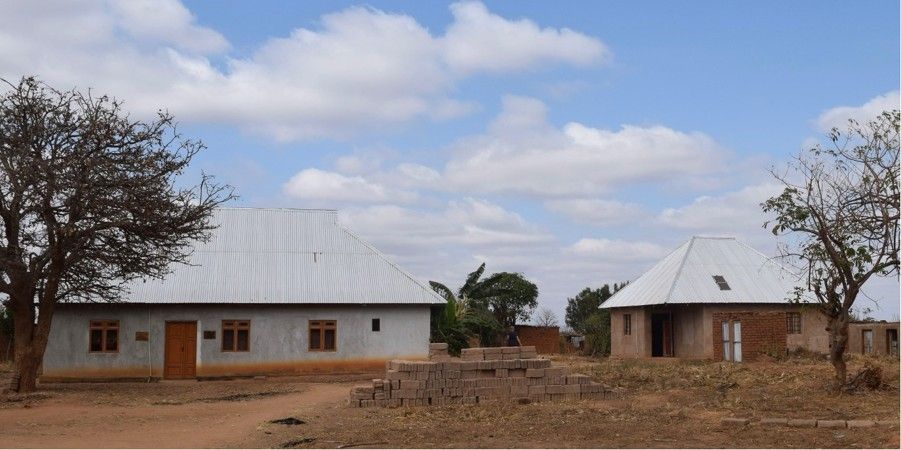Two rural houses with tin roofs and bare trees in a dry, open landscape under a partly cloudy sky
