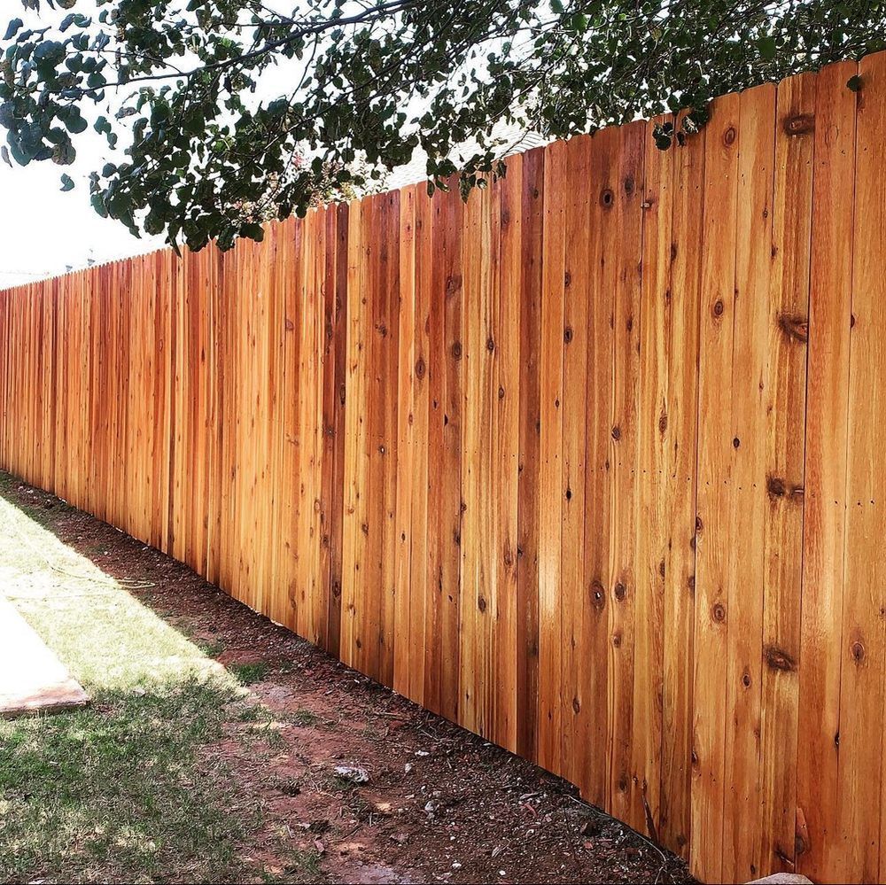 Wooden privacy fence along a sidewalk, with tree branches overhead and a grassy strip beside it.
