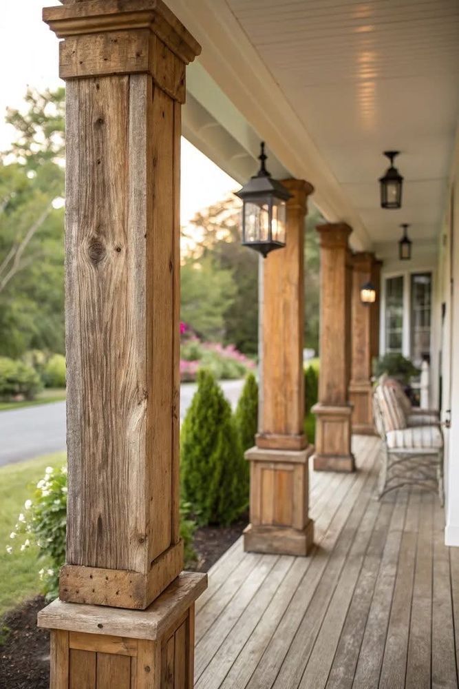 Wooden front porch with columns, hanging lanterns, and a row of white chairs overlooking a tree-lined yard