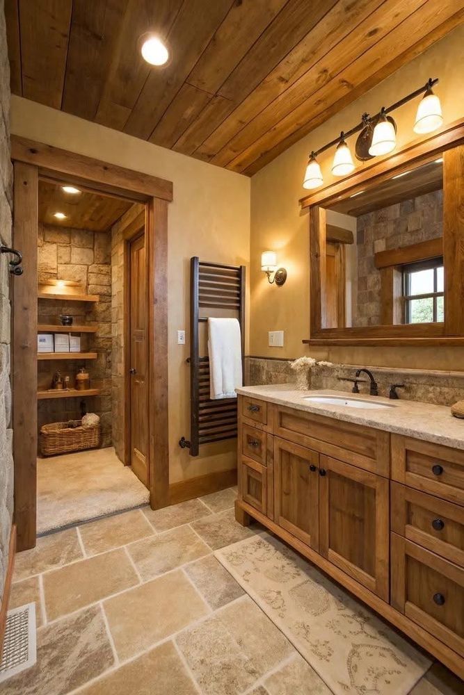 Rustic bathroom with wood vanity, large mirror, stone tile floor, and warm ceiling lights