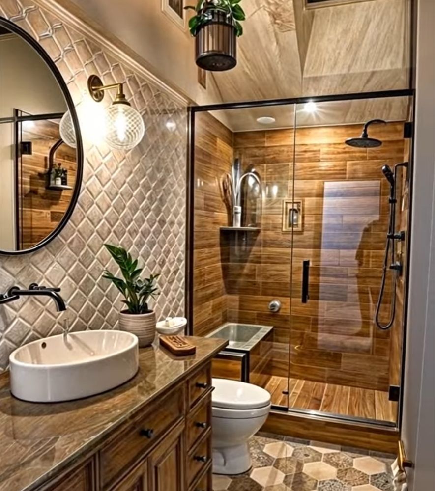 Warm rustic bathroom with wood walls, glass shower, round mirror, and white vessel sink
