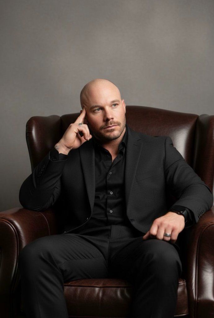 Man in a black suit seated in a brown leather chair, resting his head on one hand.
