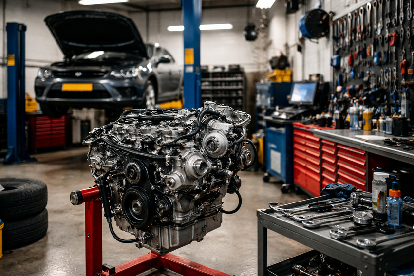 Car engine on stand in auto repair shop; car on lift in background. Tools on the wall.