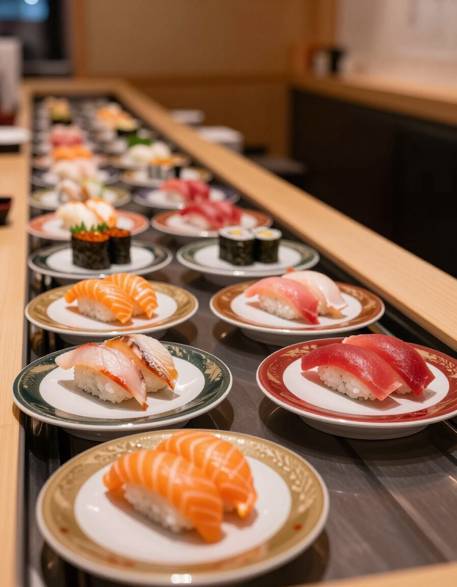 Colourful sushi plates moving along the conveyor belt at Sushi Mairo in Mairangi Bay