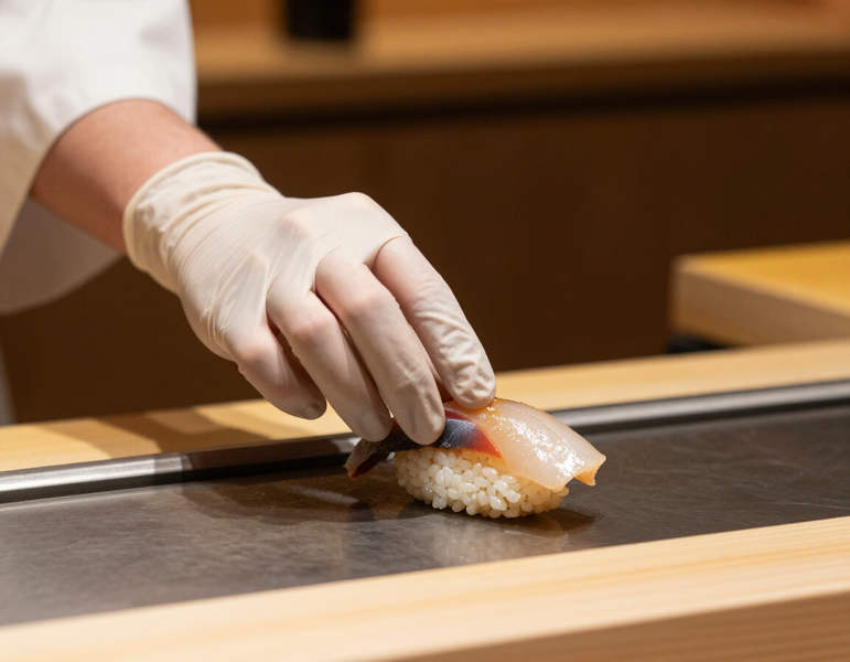 Chef preparing fresh nigiri to send onto the conveyor belt at Sushi Mairo