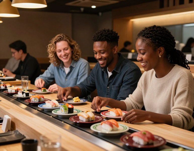 Friends enjoying a casual meal at the conveyor belt sushi counter at Sushi Mairo