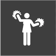 A white icon of a cheerleader on a dark grey background holding pom-poms up with both arms.
