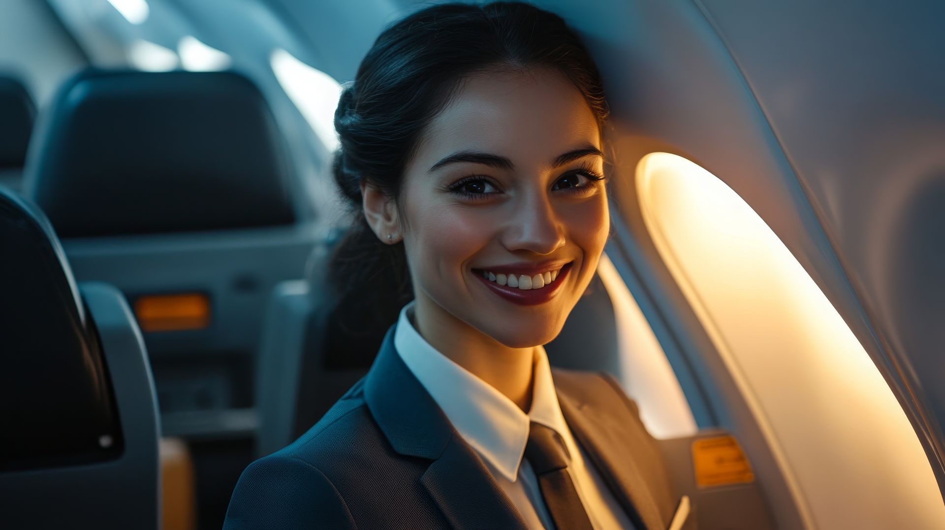 Smiling flight attendant seated by an airplane window, lit by warm cabin light.