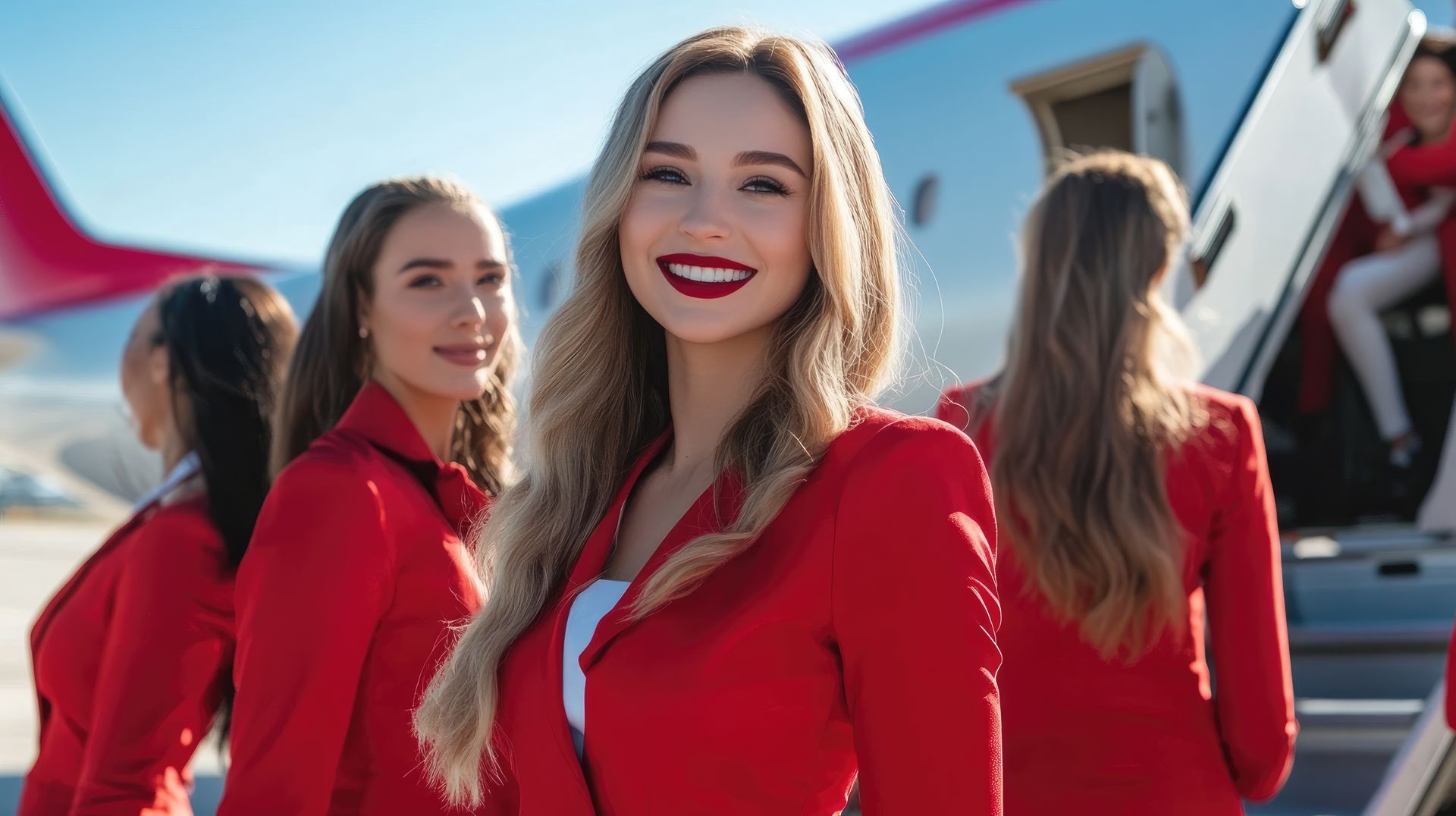 Three women in red outfits smiling beside a jet on an airport tarmac