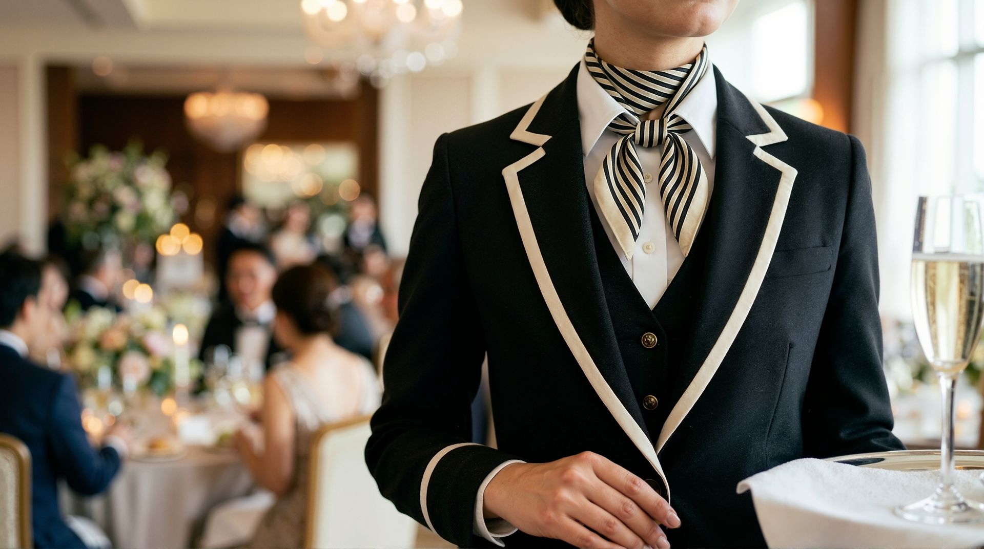 Waiter in black uniform with white trim holding a tray at a formal banquet hall.