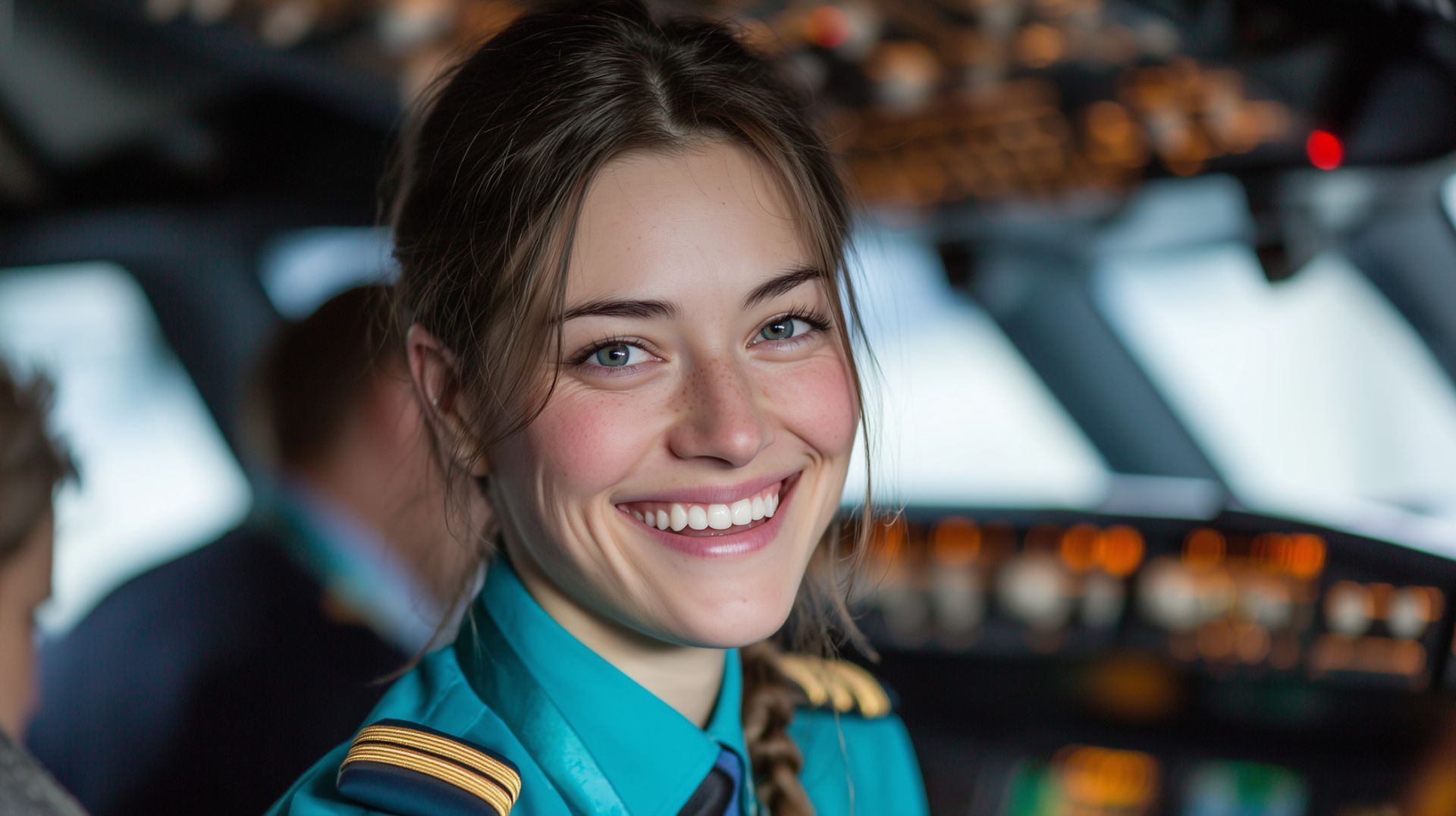 Smiling airline pilot in a teal uniform in an airplane cockpit