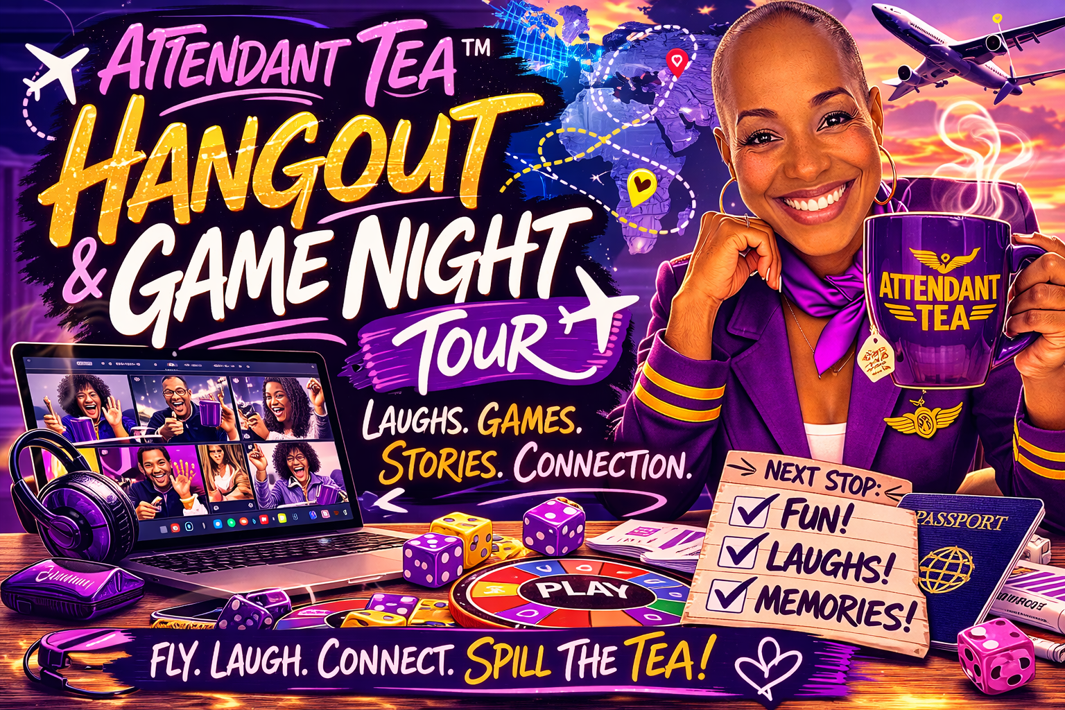 Promotional flyer for Attendant Tea Hangout & Game Night Tour featuring a smiling flight attendant, games, and a laptop.