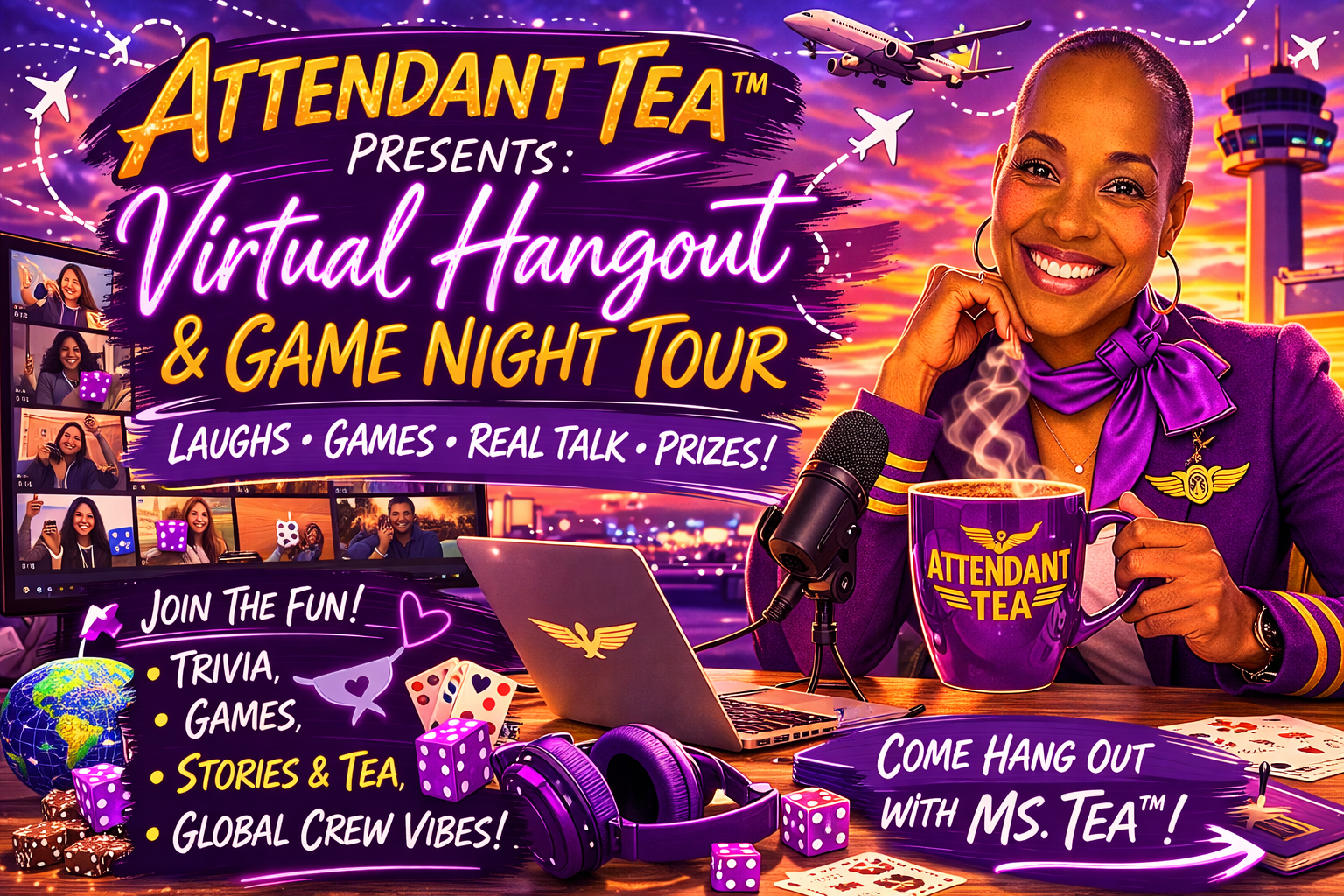 Event flyer for Attendant Tea Virtual Hangout featuring a smiling flight attendant, games, trivia, and online chat vibes.