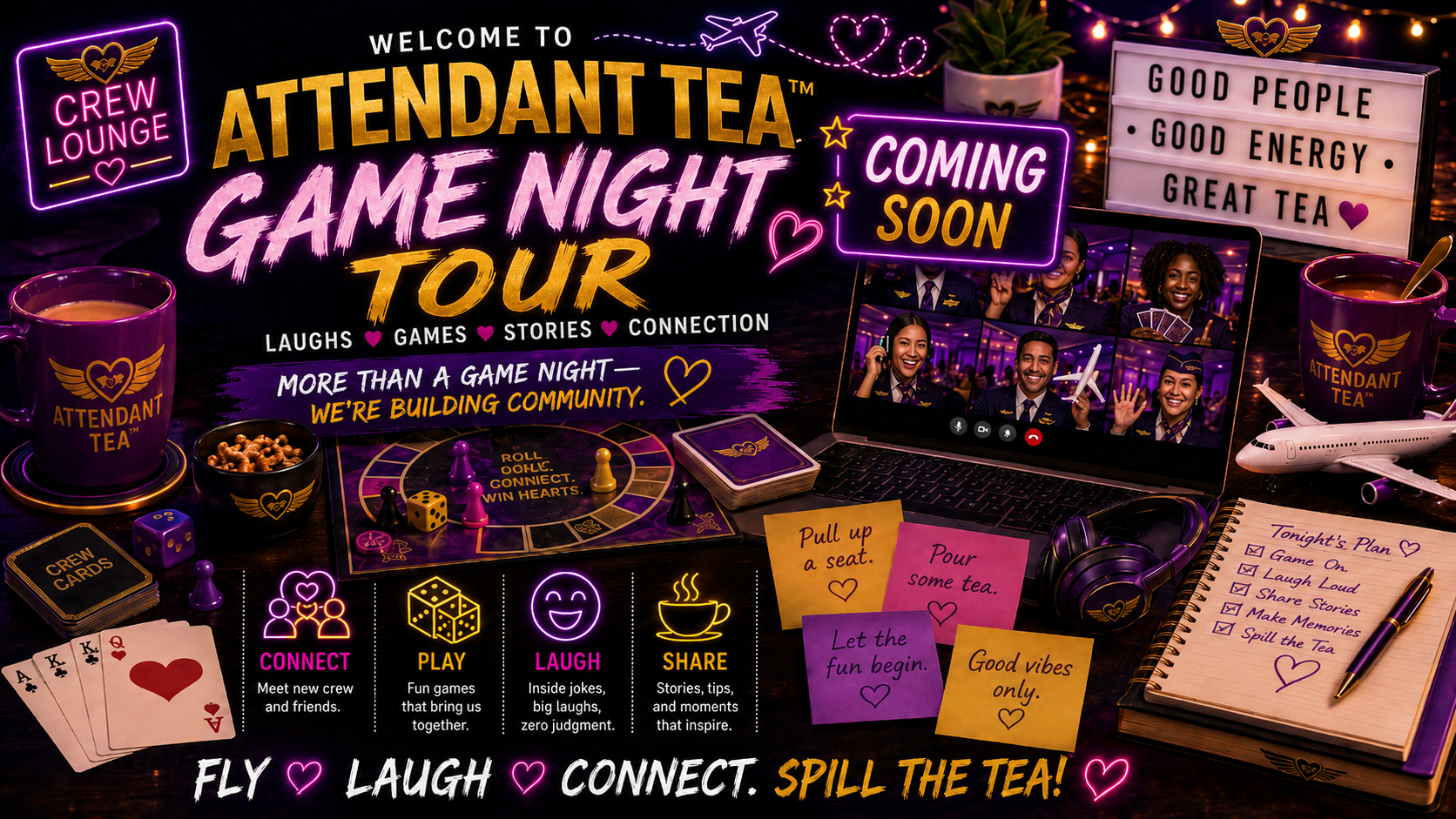 Promotional flyer for Attendant Tea Hangout & Game Night Tour featuring a smiling flight attendant, games, and a laptop.