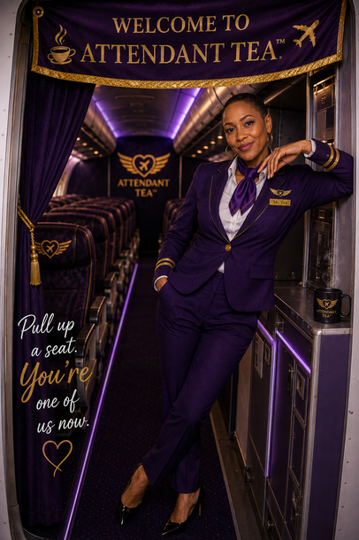 A flight attendant in a purple uniform stands in an airplane doorway, gesturing to a cabin under gold confetti.