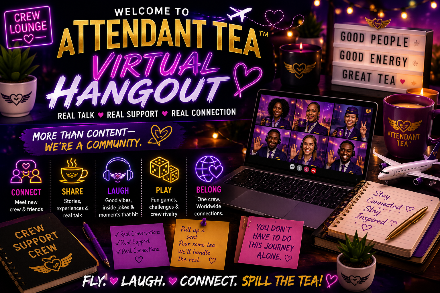 Event flyer for Attendant Tea Virtual Hangout featuring a smiling flight attendant, games, trivia, and online chat vibes.