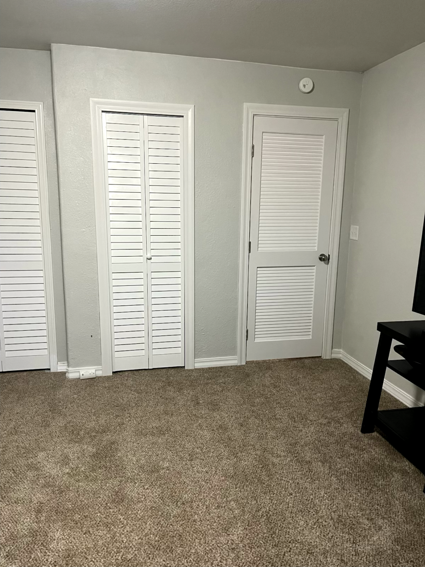 A room with three white louvered doors. Beige carpet, gray walls, and a black entertainment stand.