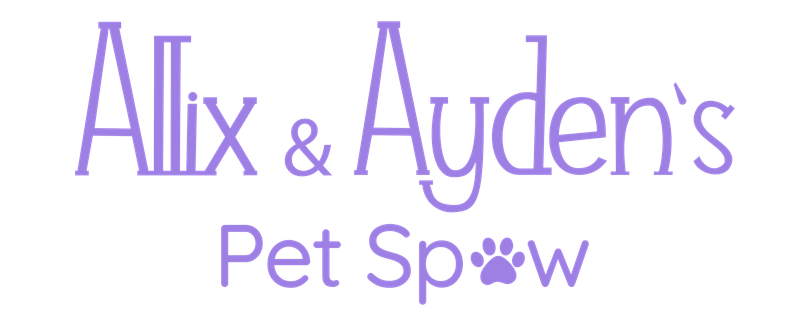 A purple logo for alex and ayden 's pet spaw