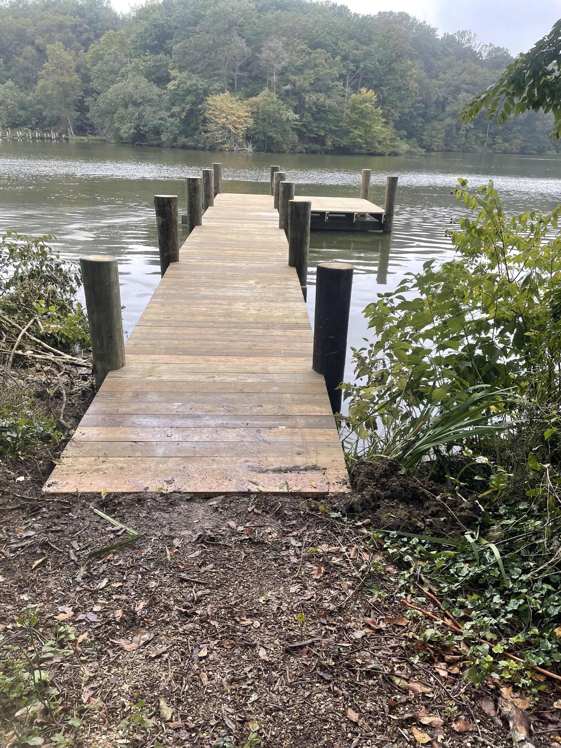 A wooden dock leading to a lake with trees in the background.