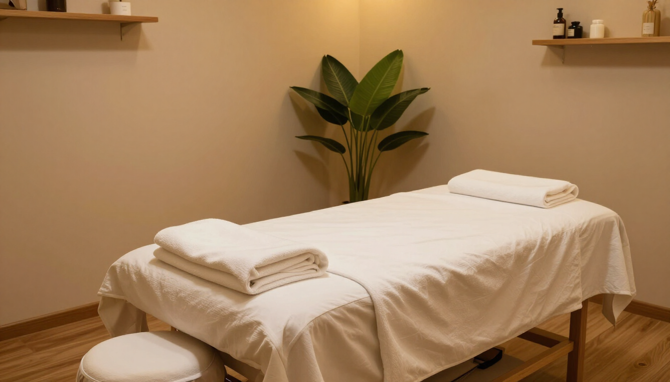 Warmly lit massage treatment room at The Wellness Cove