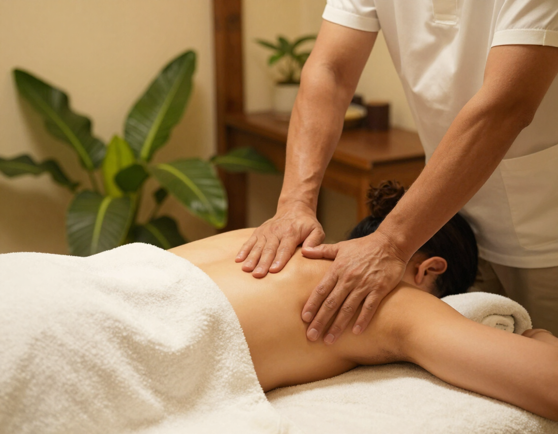 A massage therapist's hands working on a client's shoulders
