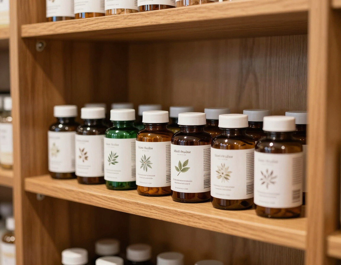 Retail shelf of herbal and wellness supplement products