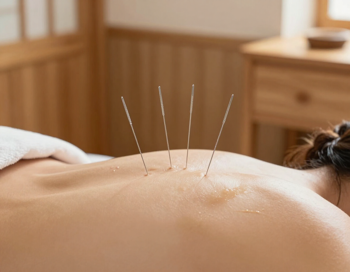 Acupuncture needles being placed on a patient's back