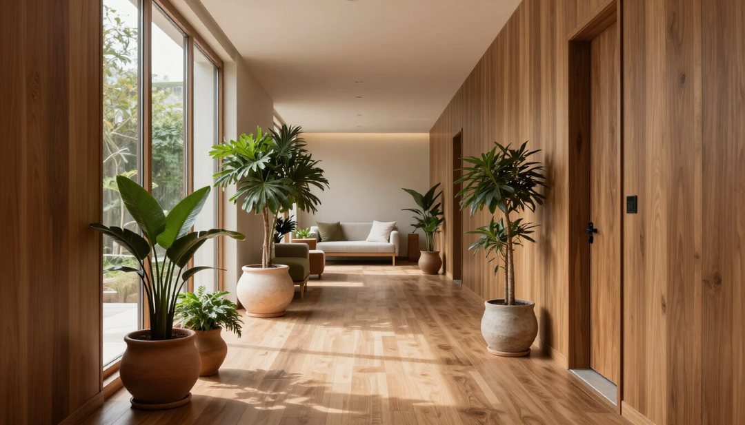 Warm, plant-filled hallway inside The Wellness Cove