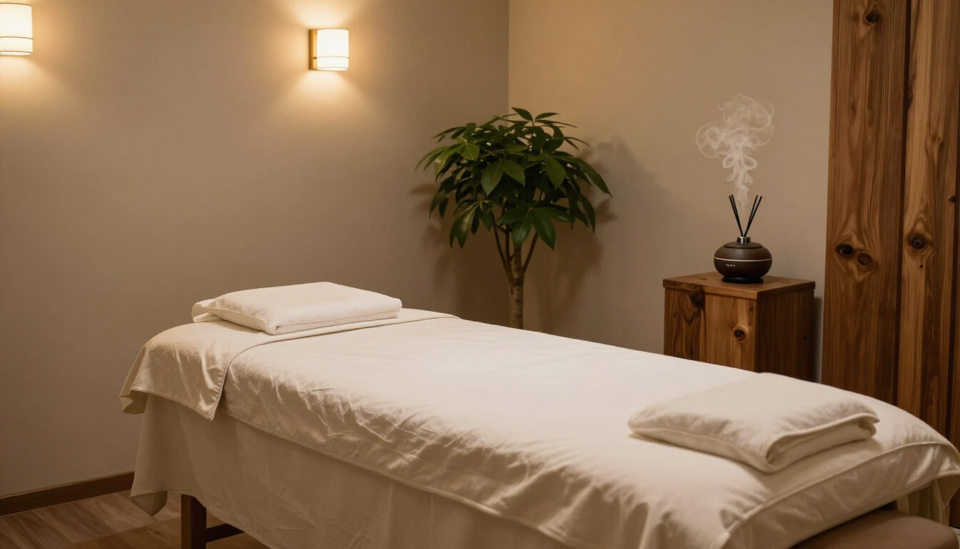A warm, softly lit massage treatment room at The Wellness Cove