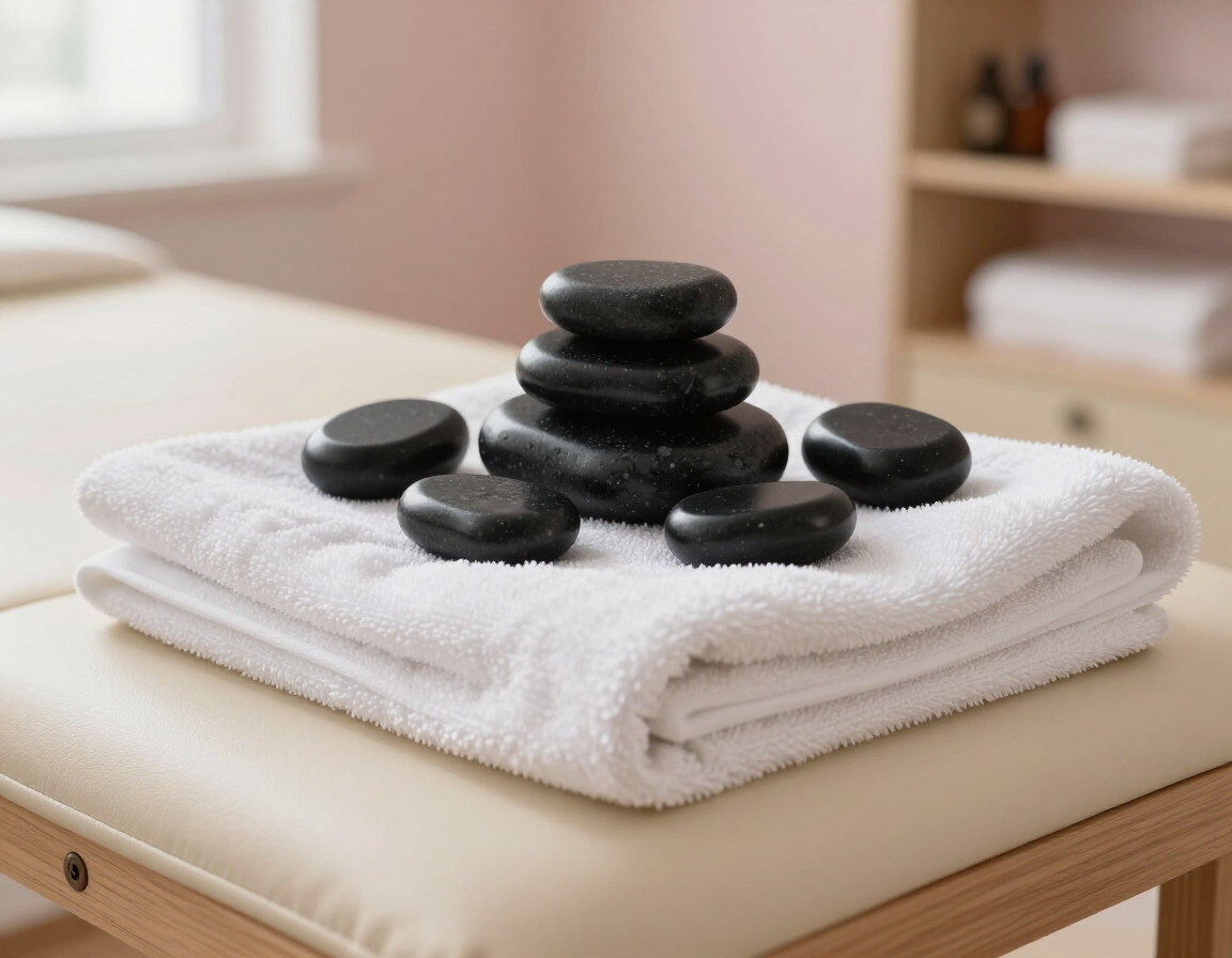 Hot stones warming beside treatment table