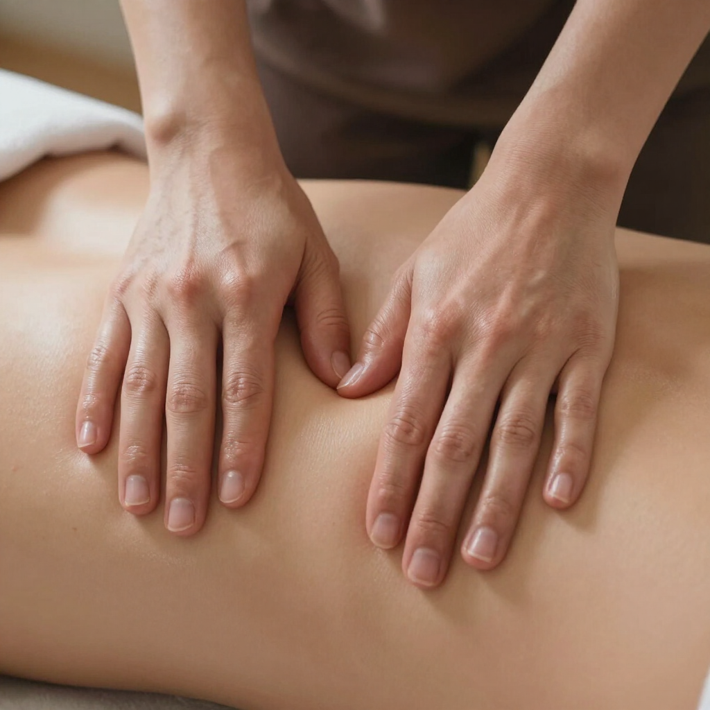 Hands performing therapeutic massage on a shoulder