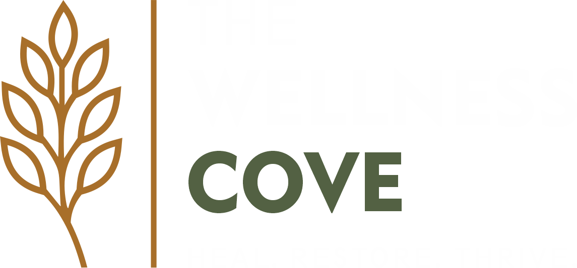 Cove logo with a gold leaf branch and green text on a white background