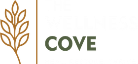 Cove logo with a gold leaf branch and green text on a white background