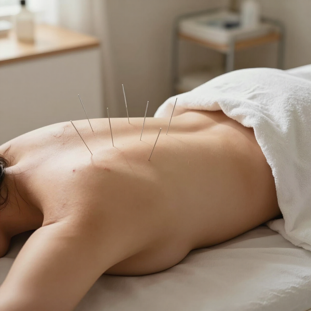 A calm patient receiving an acupuncture treatment in a warm, softly-lit room