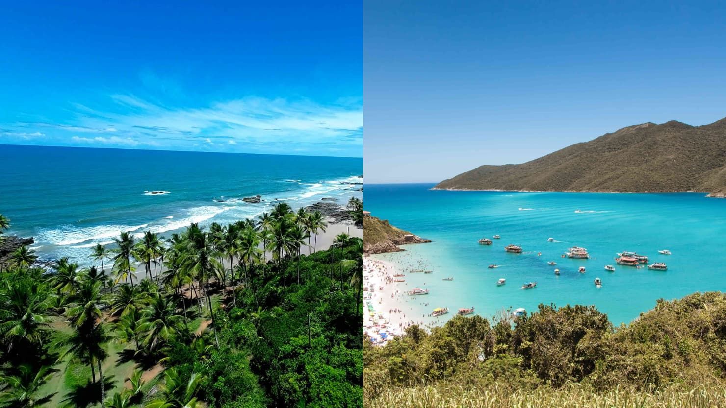 Imagens aéreas de praias em Itacaré e Morro de São Paulo, ilustrando o comparativo entre as duas cidades no litoral baiano.