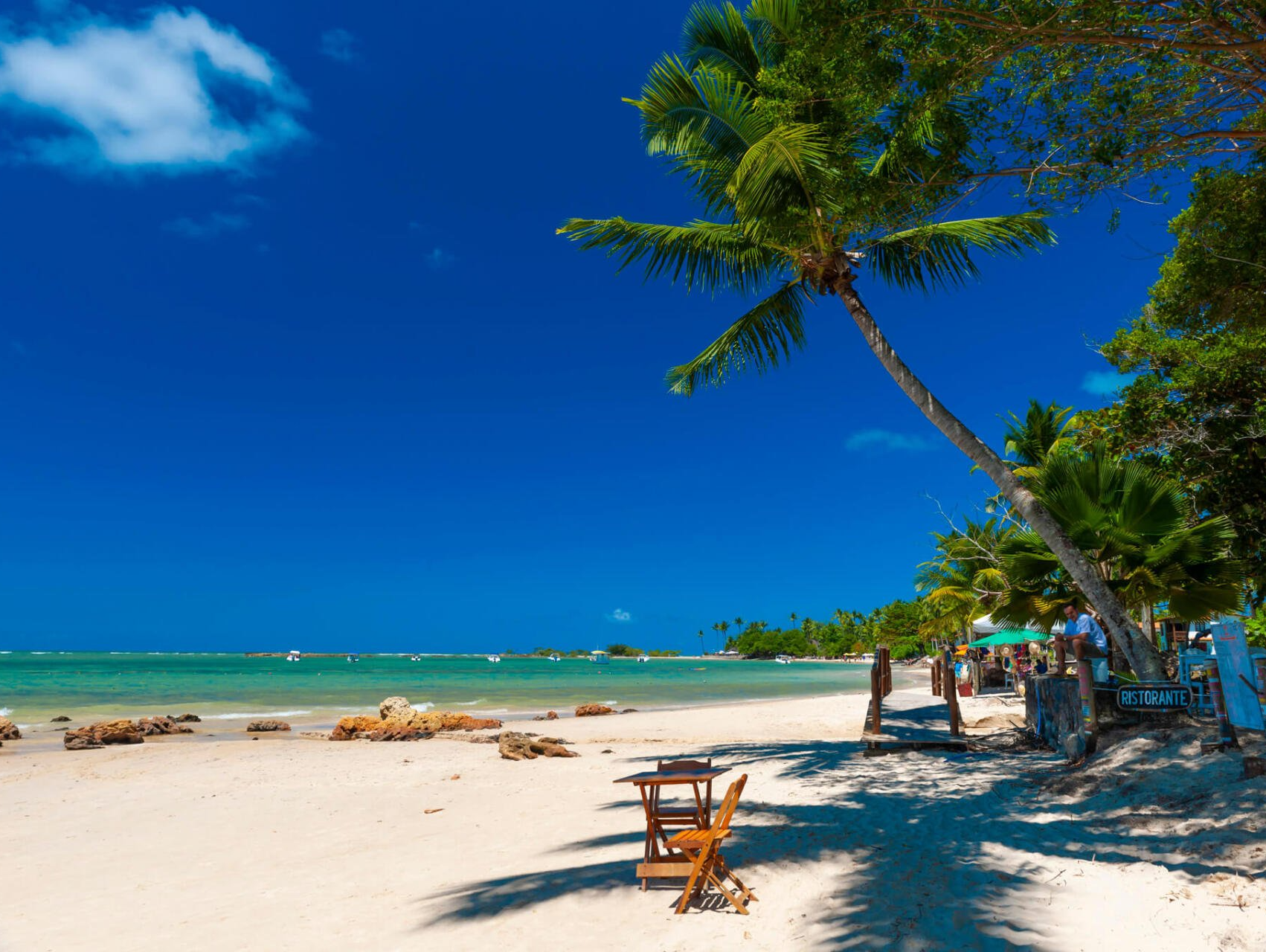 Praia com mesa e cadeira e árvore do lado direito