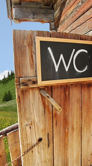Hölzerne Außentoilettentür mit „WC“-Schild; malerische Bergkulisse.