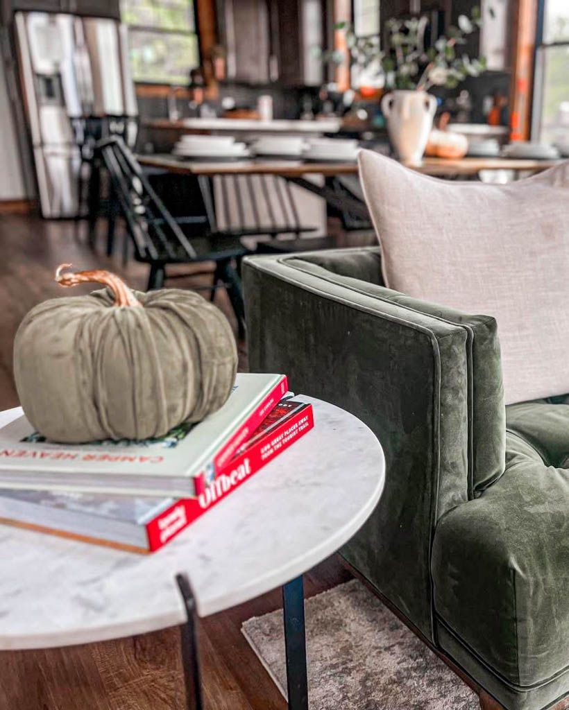 seasonal decor in a couch-side table.
