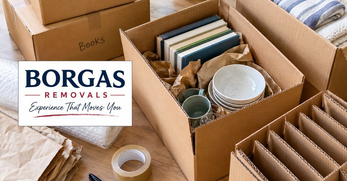 Moving boxes and packing materials prepared for a household move with Borgas Removals.
