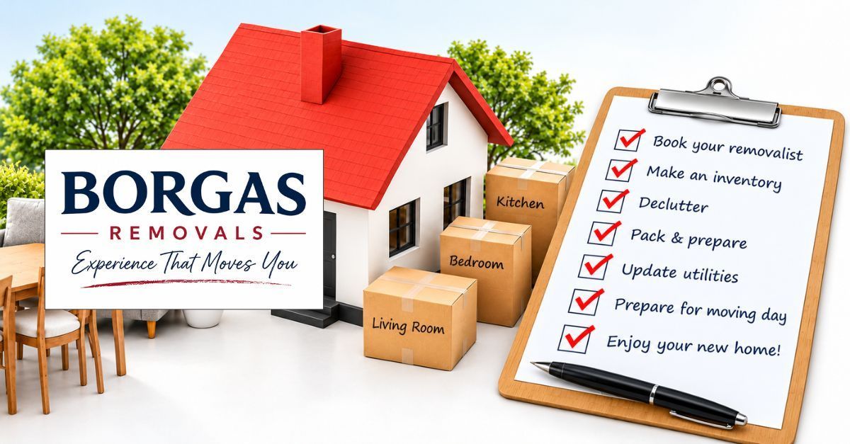 Moving house checklist with furniture, boxes and Borgas Removals branding.