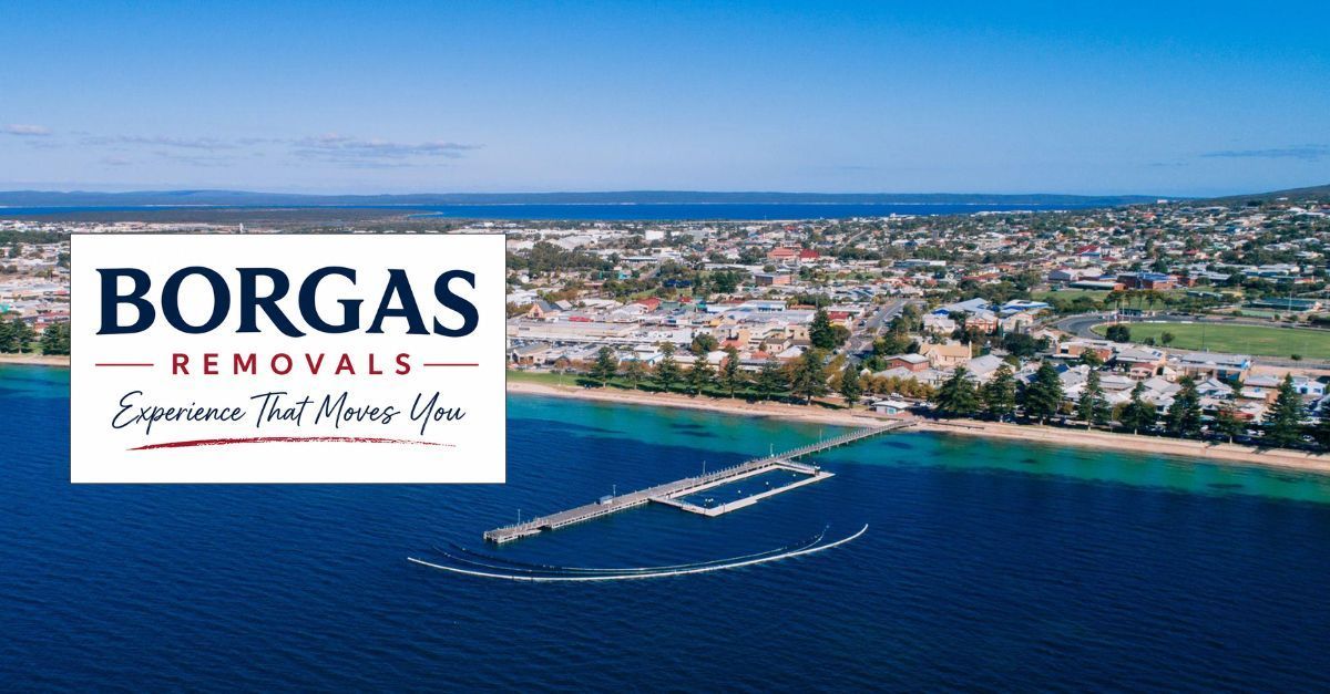 Aerial view of Port Lincoln waterfront with Borgas Removals branding for furniture transport.